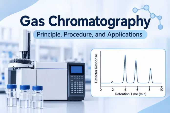Gas chromatography instrument with sample vials and a chromatogram illustrating the separation of chemical compounds.