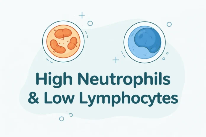 Simple flat illustration showing a neutrophil cell and a lymphocyte cell with the title “High Neutrophils & Low Lymphocytes,” using a minimal blue and orange color scheme.