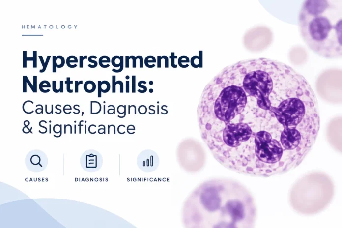 Hypersegmented neutrophil with a multilobed purple nucleus shown alongside the title “Hypersegmented Neutrophils: Causes, Diagnosis & Significance” on a minimalist hematology-themed white background.