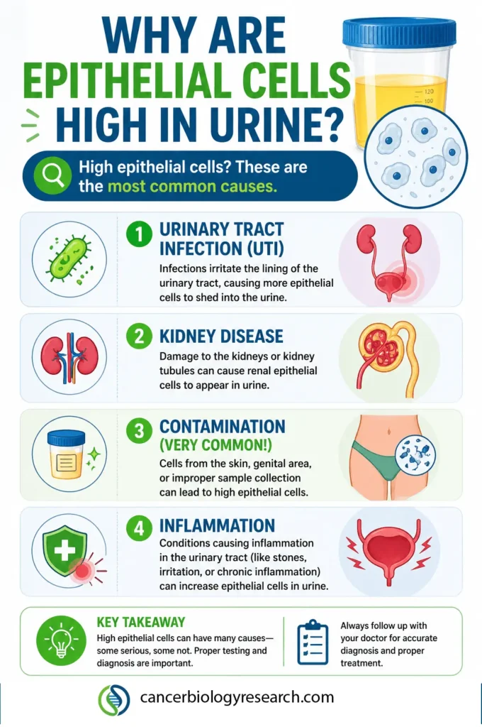 Infographic explaining the common causes of high epithelial cells in urine, including urinary tract infection, kidney disease, contamination, and inflammation.