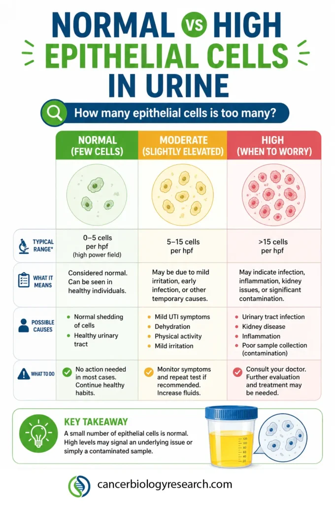 Infographic comparing normal, moderate, and high levels of epithelial cells in urine with ranges, meanings, and possible causes.