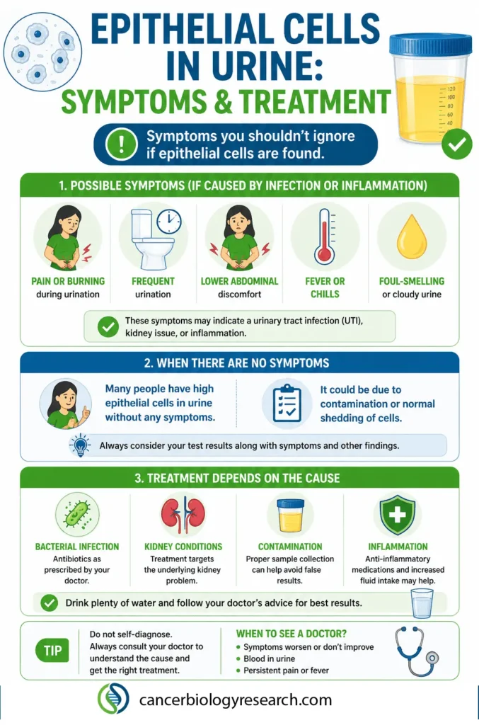 Infographic showing symptoms and treatment of epithelial cells in urine, including pain during urination, frequent urination, and causes-based treatment options.
