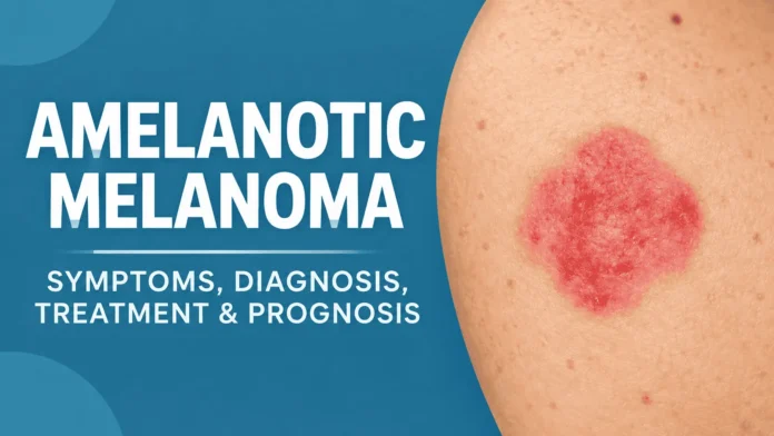 Medical illustration of amelanotic melanoma showing an irregular pink-red skin lesion on the skin, with a blue panel titled “Amelanotic Melanoma” and text highlighting symptoms, diagnosis, treatment, and prognosis.