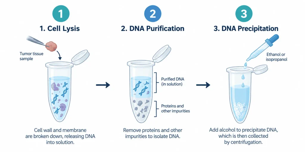 Minimalist scientific infographic illustrating the three main steps of DNA extraction: cell lysis, DNA purification, and DNA precipitation, shown as a horizontal workflow with microcentrifuge tubes.