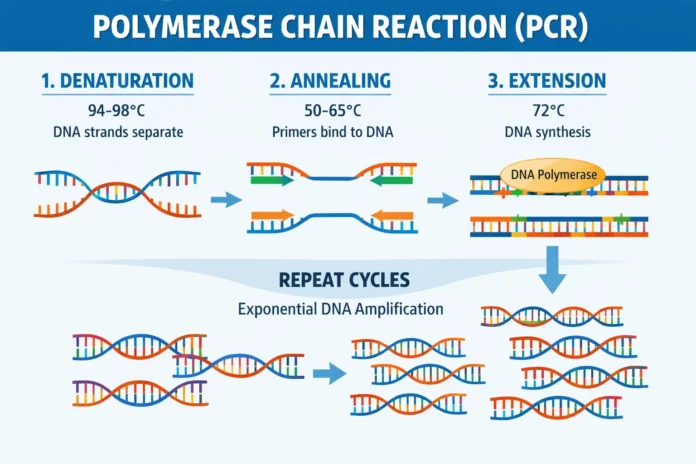 Diagram showing steps of polymerase chain reaction including denaturation, annealing, and extension