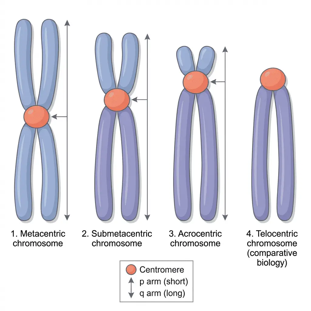 Types of chromosomes based on the position of the centromere: Metacentric chromosome, Submetacentric chromosome, Acrocentric chromosome, Telocentric chromosome