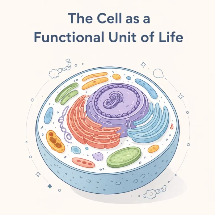 Minimalist 1:1 illustration of a eukaryotic cell showing nucleus, mitochondria, ER, Golgi apparatus, and plasma membrane