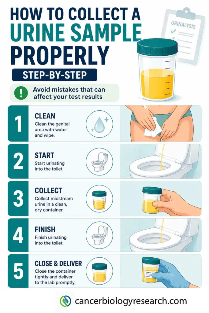 Infographic titled “How to Collect a Urine Sample Properly (Step-by-Step)” showing five steps for a clean-catch urine sample: (1) clean the genital area with water and wipe, (2) start urinating into the toilet, (3) collect midstream urine in a clean, dry container, (4) finish urinating into the toilet, and (5) close the container tightly and deliver it promptly to the lab. Includes illustrations of a urine cup, toilet, and sample handling, with a note to avoid mistakes that can affect test results.
