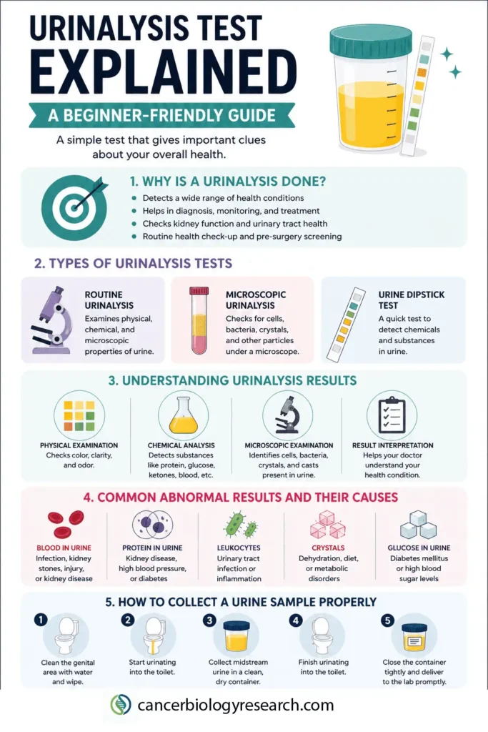 Infographic titled “Urinalysis Test Explained: A Beginner-Friendly Guide” showing a urine sample cup and test strip. It explains why urinalysis is done (diagnosis, monitoring, kidney and urinary health), types of tests (routine, microscopic, dipstick), and how results are interpreted (physical, chemical, microscopic analysis). It highlights common abnormal findings such as blood, protein, leukocytes, crystals, and glucose in urine with possible causes. The bottom section illustrates step-by-step instructions for proper urine sample collection, from cleaning to delivering the sample.