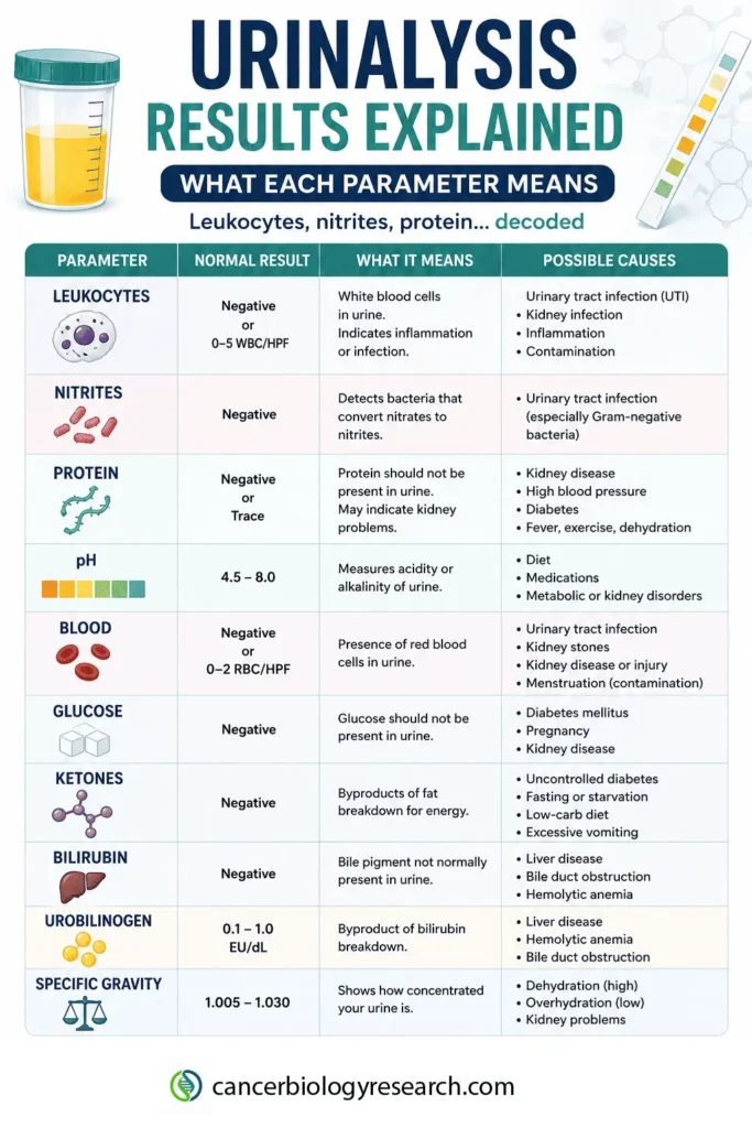 Infographic titled “Urinalysis Results Explained: What Each Parameter Means,” showing a urine sample container and a test strip, alongside a table of common urinalysis parameters (leukocytes, nitrites, protein, pH, blood, glucose, ketones, bilirubin, urobilinogen, and specific gravity) with their normal ranges, clinical meanings, and possible causes such as infection, kidney disease, diabetes, dehydration, and liver disorders.