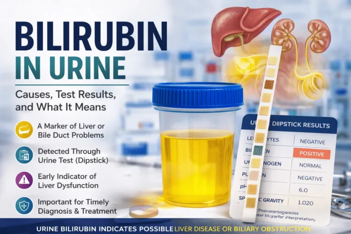 Urine sample container with dipstick test showing positive bilirubin results alongside a medical illustration of the liver and bile ducts indicating possible liver disease or biliary obstruction