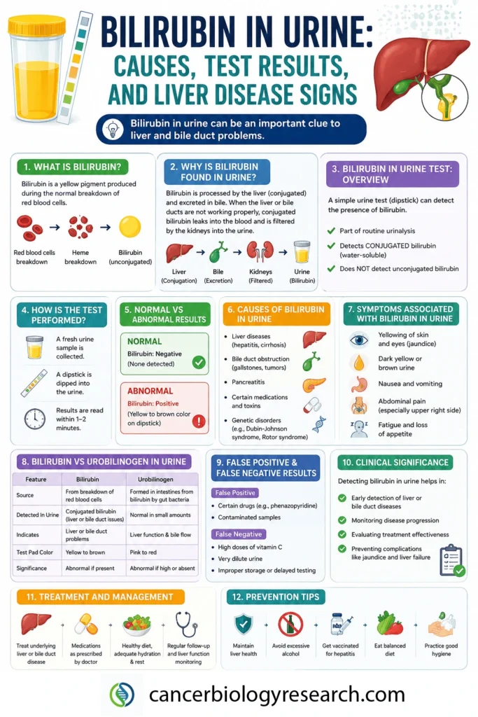 Infographic on bilirubin in urine showing causes, dipstick test results, symptoms, and links to liver or bile duct disease.