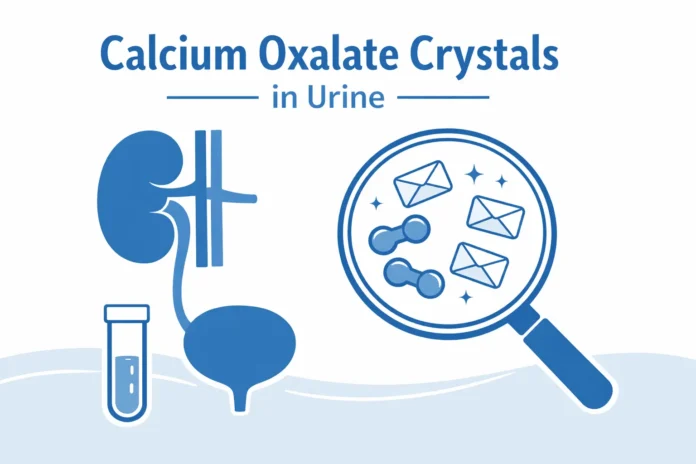 Minimalist blue and white medical illustration showing the urinary system, a test tube with urine, and a magnifying glass revealing calcium oxalate crystals in envelope and dumbbell shapes, labeled “Calcium Oxalate Crystals in Urine.”