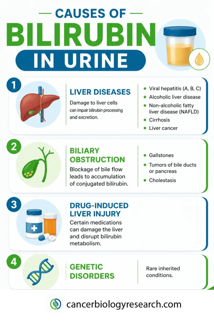 Infographic showing causes of bilirubin in urine, including liver diseases, biliary obstruction, drug-induced liver injury, and genetic disorders.