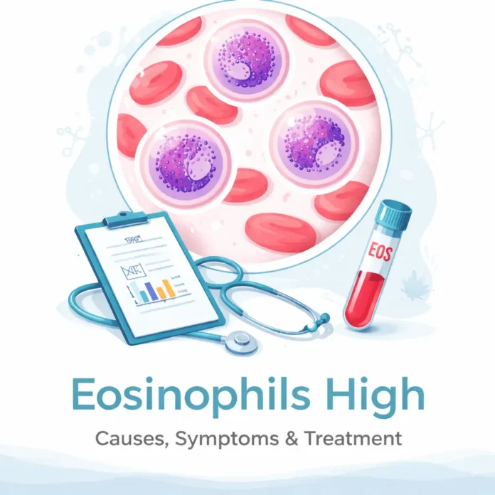 Minimalist medical illustration showing elevated eosinophils in a blood sample, with enlarged purple-stained eosinophil cells among red blood cells, alongside a CBC report clipboard and a labeled test tube indicating high eosinophil levels.