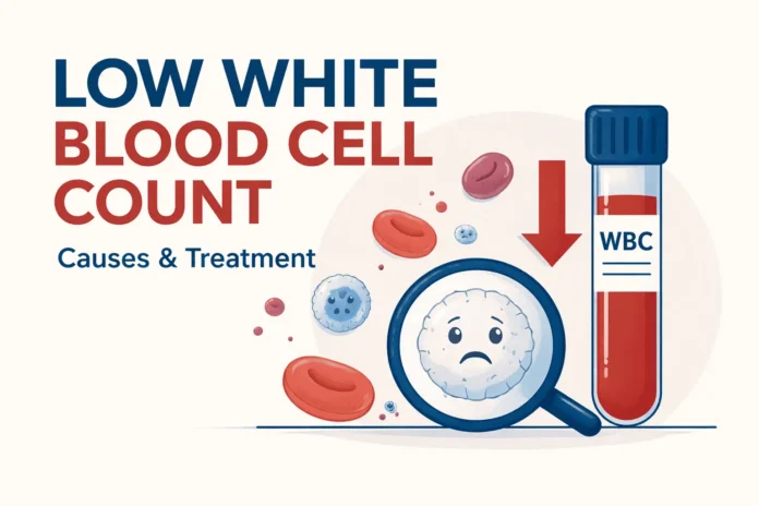 Minimalist medical illustration showing a low white blood cell count with a test tube labeled “WBC,” a downward arrow, and a white blood cell under a magnifying glass, representing reduced immune cells.
