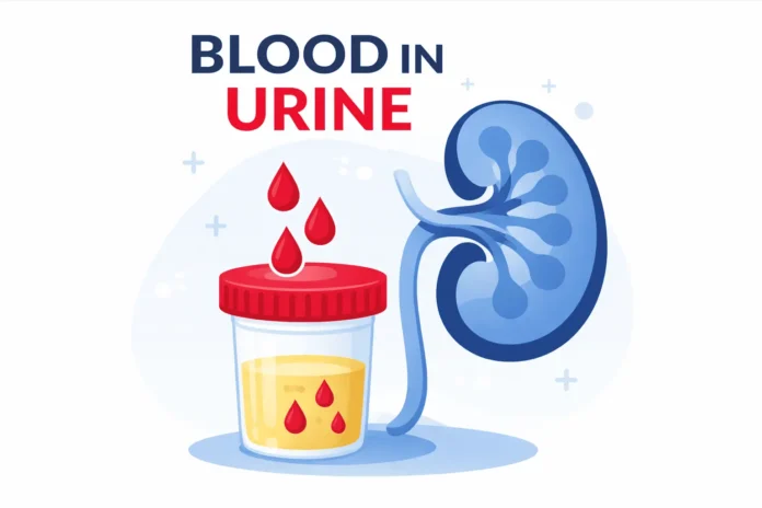 Blood in urine illustration showing a urine sample container with red blood drops and a stylized kidney, representing hematuria and urinary system health in a simple medical design