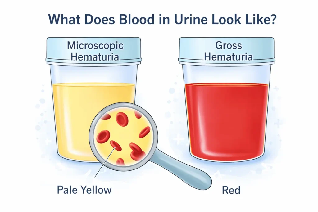 Blood in urine illustration showing microscopic hematuria with red blood cells under magnification and gross hematuria with visibly red urine