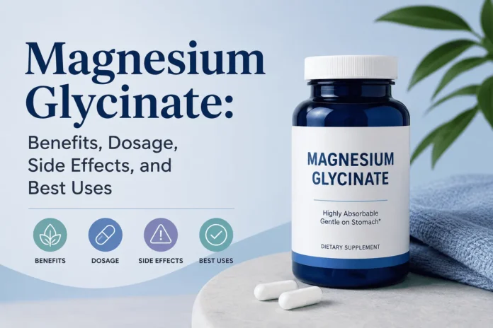 Minimalist cover image showing a blue bottle of magnesium glycinate supplements with capsules on a clean surface, alongside text highlighting benefits, dosage, side effects, and best uses.