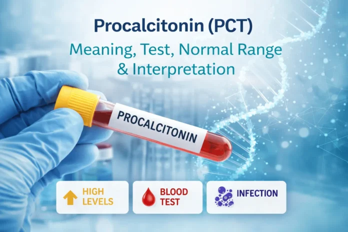 Procalcitonin (PCT) blood test concept showing a gloved hand holding a labeled blood sample tube, with medical lab background and text about meaning, test, normal range, and interpretation.