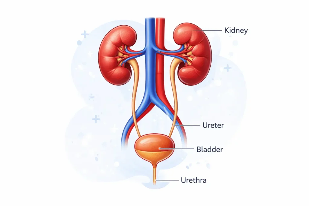 Urinary system illustration showing kidneys, ureters, bladder, and urethra labeled in a clear medical diagram