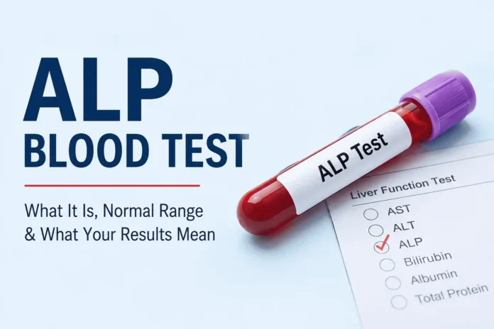 ALP blood test cover image showing a labeled blood sample tube beside a liver function test checklist, with bold text “ALP Blood Test” and subtitle explaining normal range and results on a clean medical-themed background.