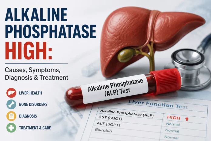 Cover image for alkaline phosphatase high showing a labeled ALP blood test tube next to a medical illustration of the liver, with text highlighting causes, symptoms, diagnosis, and treatment on a clean clinical background.