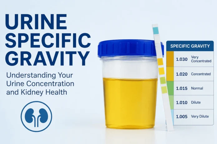 Urine specific gravity test showing concentration levels and normal range for urinalysis interpretation