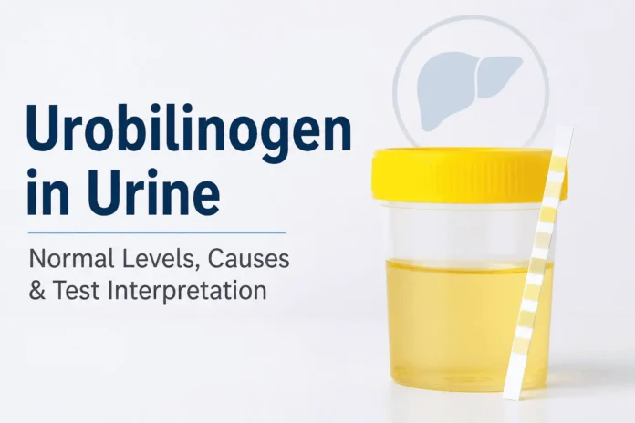 Simple medical illustration showing a urine sample container with a yellow lid and a urinalysis test strip next to it, with the title 