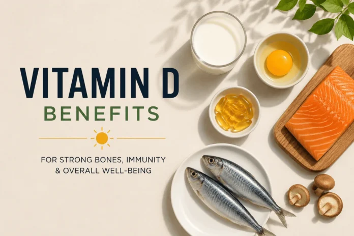 Simple flat-lay cover image showing vitamin D-rich foods including salmon, sardines, egg yolk, milk, and supplements arranged on a light background with the text “Vitamin D Benefits” and a sun icon symbolizing natural sunlight.