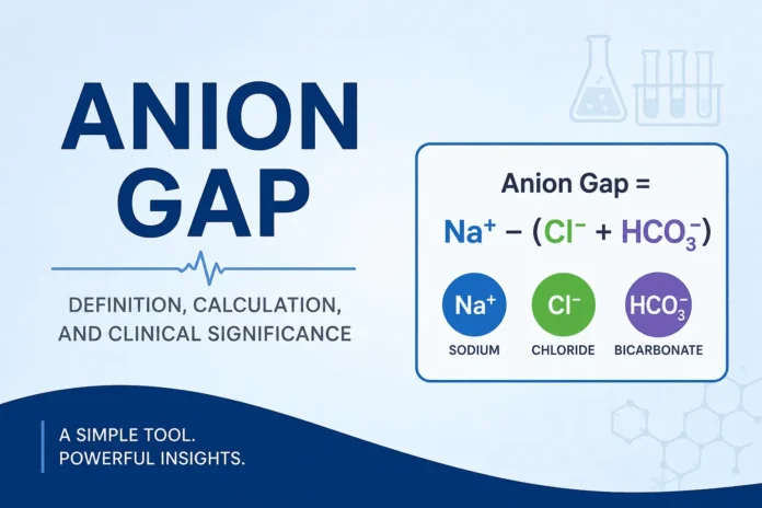 Simple medical infographic showing the anion gap formula (Na⁺ − (Cl⁻ + HCO₃⁻)) with labeled ions for sodium, chloride, and bicarbonate on a blue background.