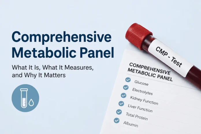 Simple medical illustration of a comprehensive metabolic panel (CMP) blood test showing a test tube and checklist of key measurements like glucose, electrolytes, kidney and liver function