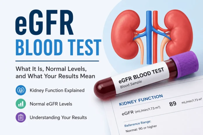 eGFR blood test illustration showing kidneys, a blood sample tube, and lab report with eGFR levels to explain kidney function and test results.