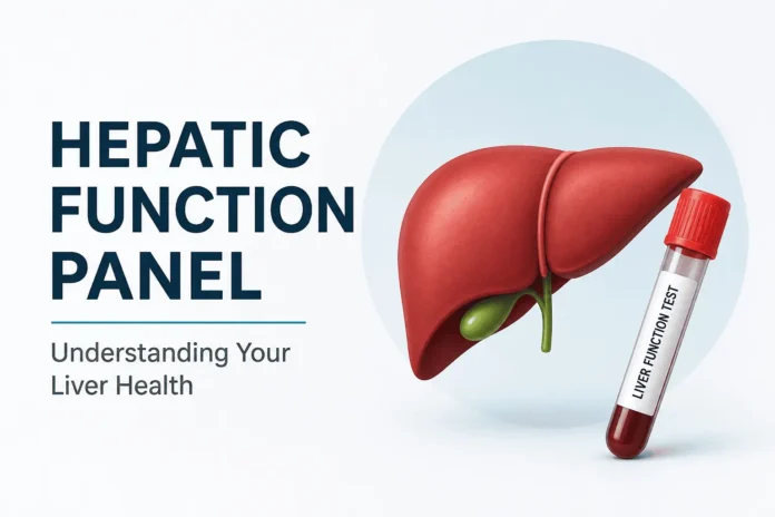 Minimalist medical illustration showing a human liver next to a blood test tube labeled “Liver Function Test,” with the title “Hepatic Function Panel” and subtitle about understanding liver health on a clean background.
