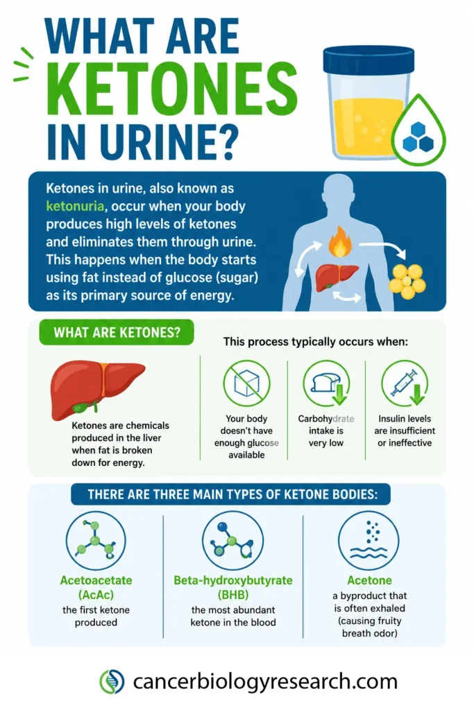 Ketones in urine (ketonuria) occur when your body burns fat instead of glucose for energy. This simple infographic explains what ketones are, why they are produced, and the three main types: acetoacetate, beta-hydroxybutyrate (BHB), and acetone.