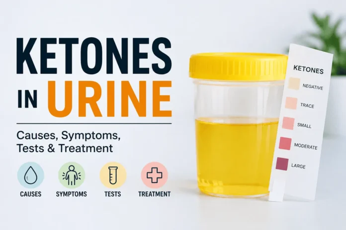 Simple medical infographic showing a urine sample container and ketone test strip with color scale, illustrating ketones in urine, causes, symptoms, testing, and treatment.