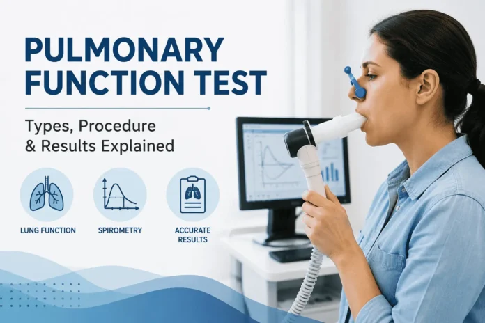 Pulmonary function test spirometry procedure showing patient using a spirometer to measure lung function and airflow