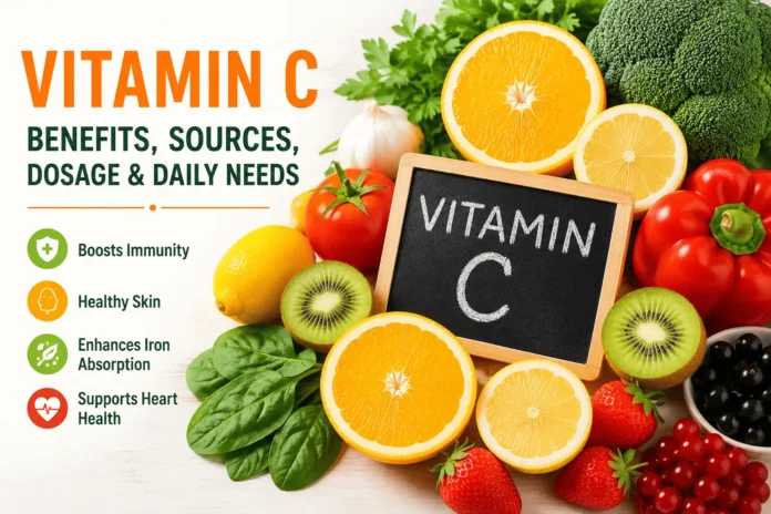 Vitamin C rich foods including oranges, lemons, kiwi, strawberries, bell peppers, and broccoli with text highlighting benefits, sources, and daily dosage for health