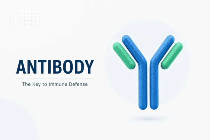 A simplified illustration of an antibody (immunoglobulin), highlighting its characteristic Y-shaped structure and its essential role in immune defense.