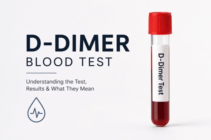 Minimalist cover image of a D-dimer blood test showing a labeled blood sample tube with red cap and clean medical background
