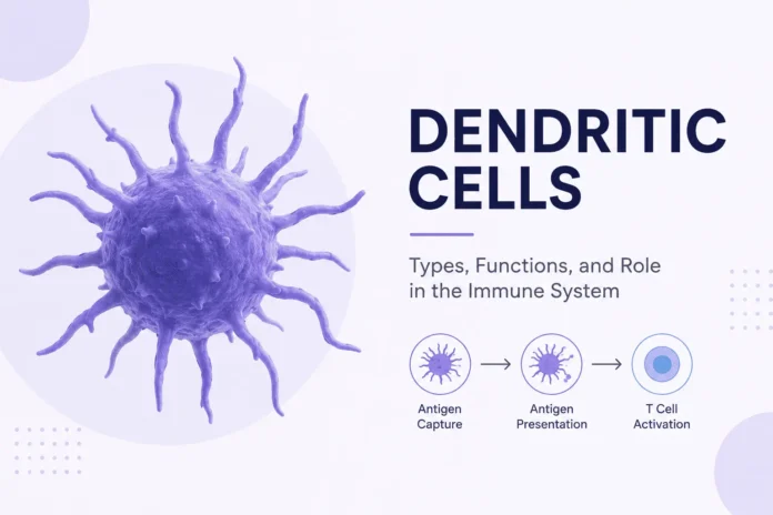 A minimalist scientific illustration of a dendritic cell with tree-like projections on a white background, accompanied by the title 