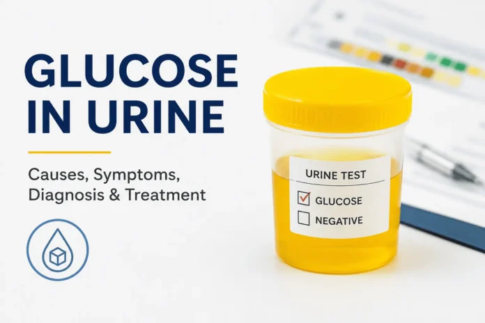 Medical illustration of a urine test container showing glucose positive result with text “Glucose in Urine – Causes, Symptoms, Diagnosis & Treatment”