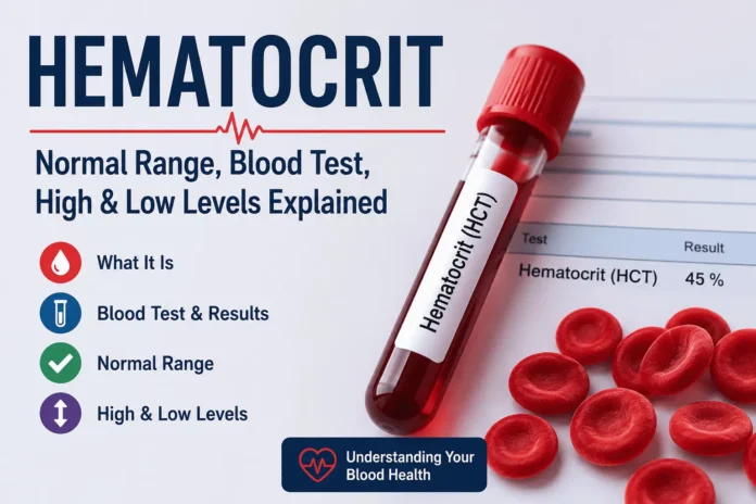 Hematocrit blood test illustration showing a labeled blood sample tube with red blood cells and medical report indicating hematocrit levels
