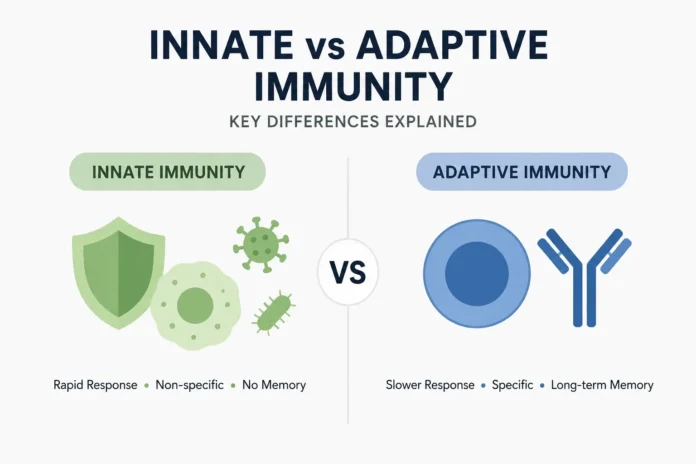 Minimalist infographic comparing innate vs adaptive immunity, showing rapid non-specific response versus slower specific immune response with memory, using simple icons and clean design.