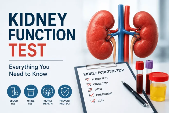 Medical infographic showing kidneys with a checklist of kidney function tests, including blood test, urine test, eGFR, creatinine, and BUN, alongside lab sample tubes.