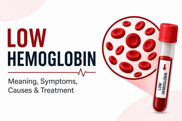 Low hemoglobin medical illustration showing red blood cells and a blood test tube with label indicating low hemoglobin levels, representing symptoms, causes, and treatment