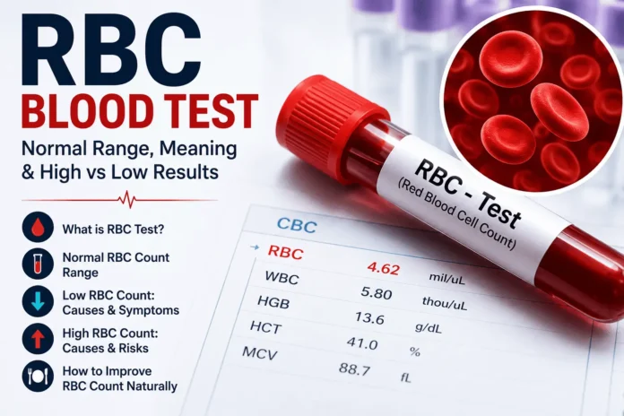 Learn what an RBC blood test is, normal red blood cell count ranges, and what high or low results mean. Discover causes, symptoms, and how to improve your RBC levels.