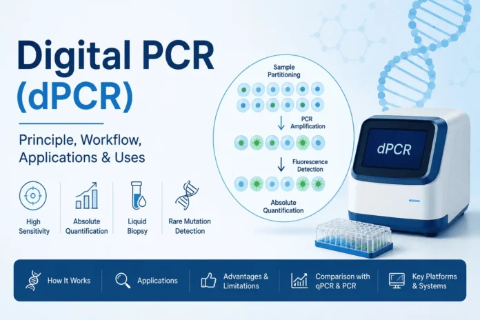 Illustration of the Digital PCR (dPCR) workflow showing sample partitioning, PCR amplification, fluorescence detection, and absolute quantification of DNA and RNA molecules.