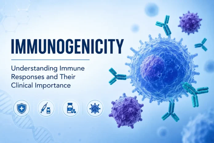 Illustration showing immune cells, antibodies, and pathogens representing the concept of immunogenicity and immune response.