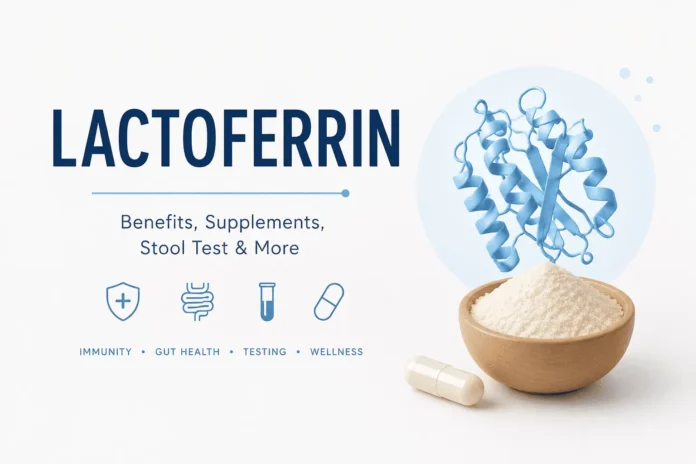 Illustration of lactoferrin protein with supplement powder, highlighting its benefits, immune function, gut health, and fecal lactoferrin testing.